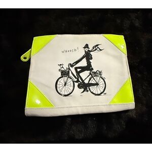 Izak WHOOSH girl on bicycle with dog bright yellow clutch purse bag